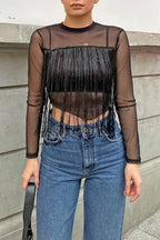 Siyah Saçaklı Transparan Kadın Tül Crop Bluz