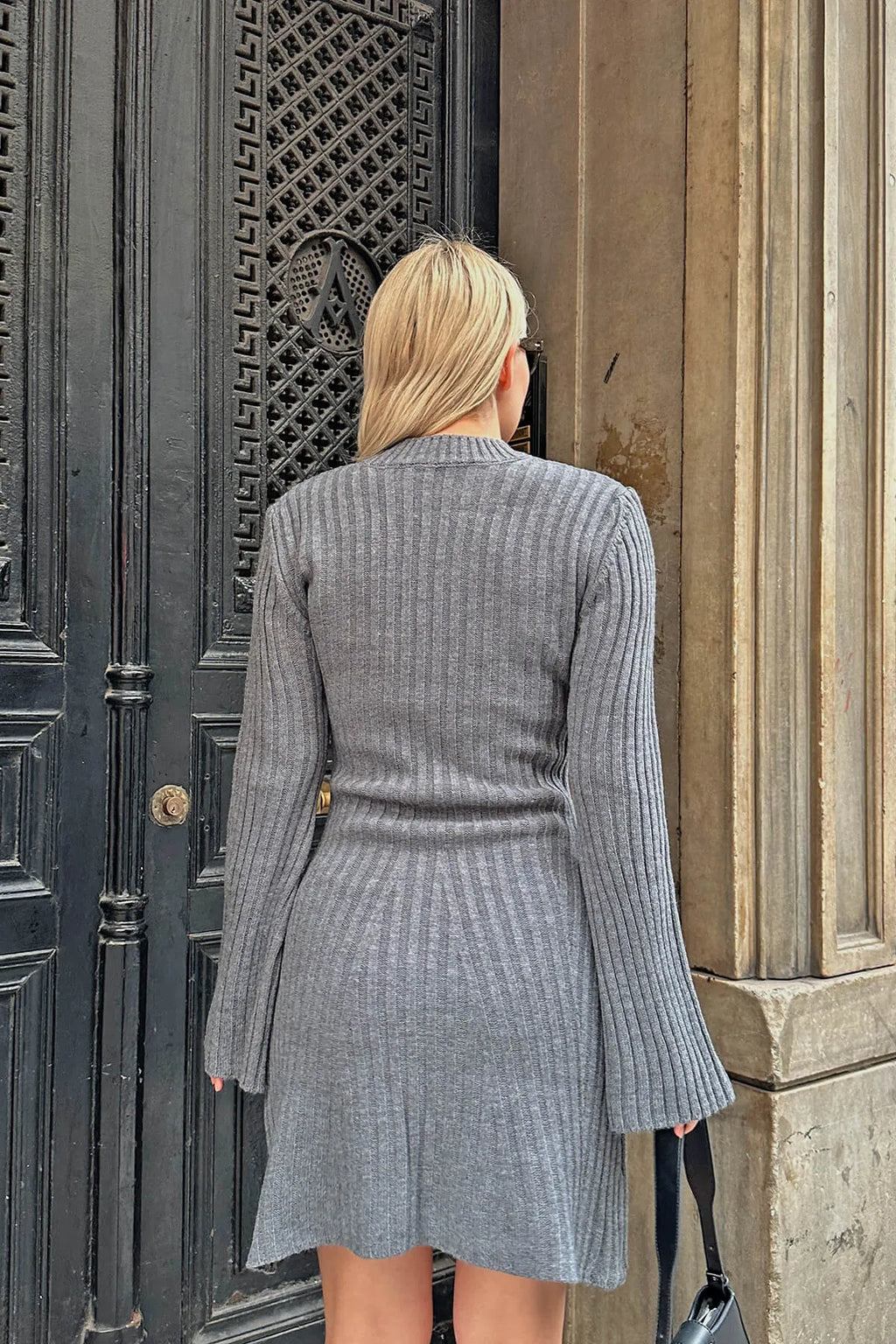 Füme Bisiklet Yaka Fitilli Örgü Kadın Mini Triko Elbise