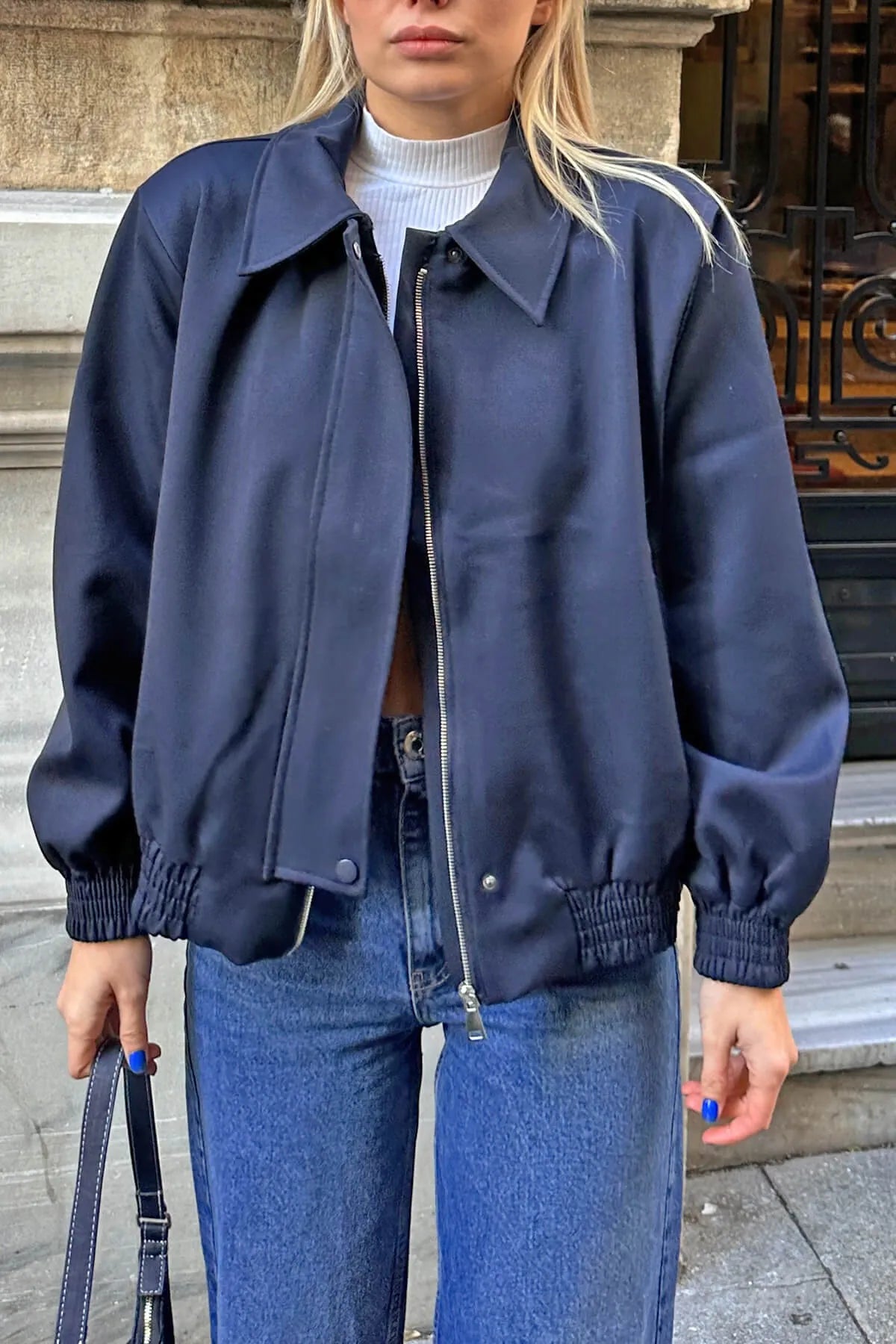 Lacivert Gabardin Fermuarlı Gömlek Yaka Kadın  Bomber Ceket