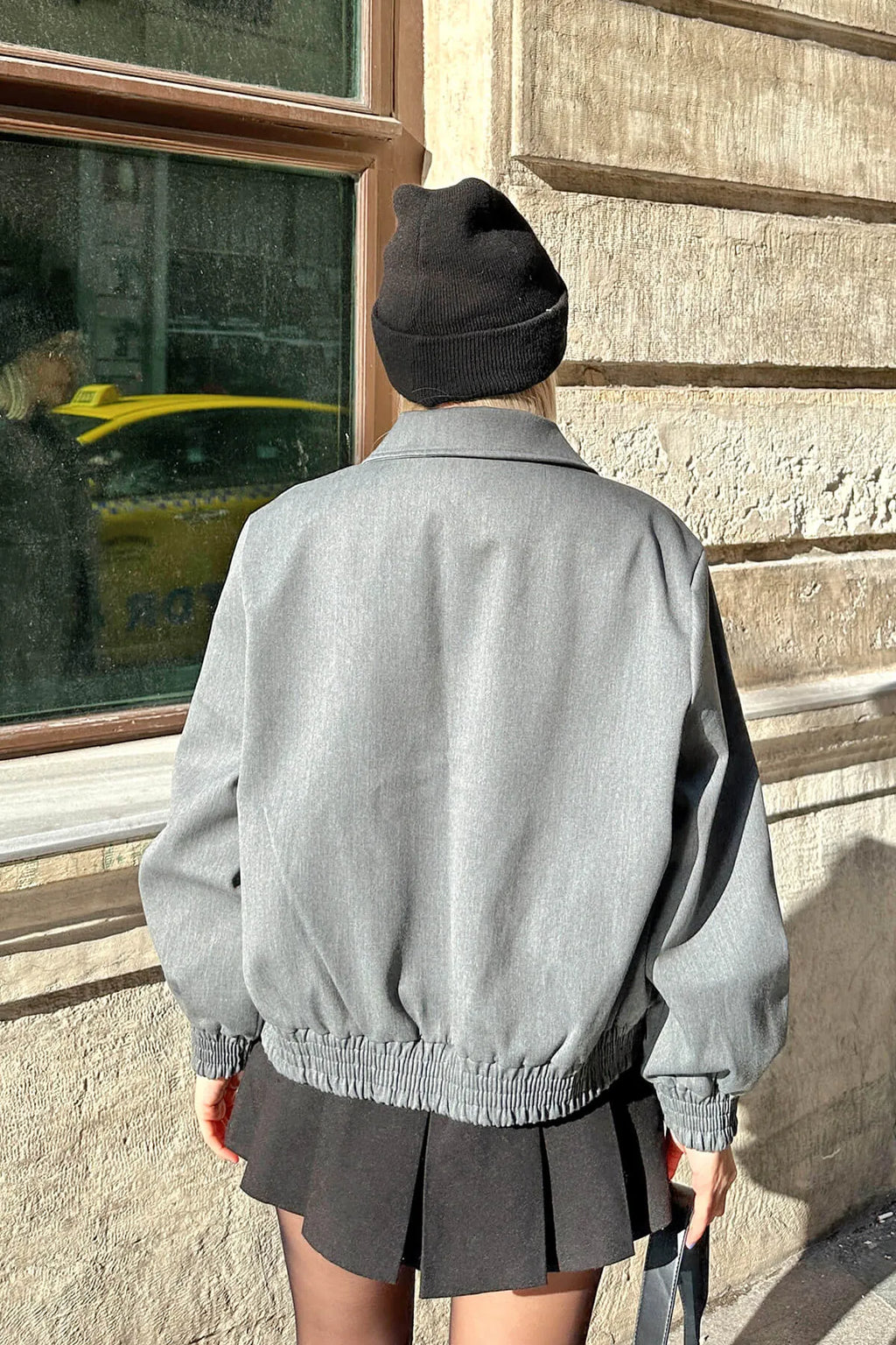 Gri Gabardin Fermuarlı Gömlek Yaka Kadın  Bomber Ceket