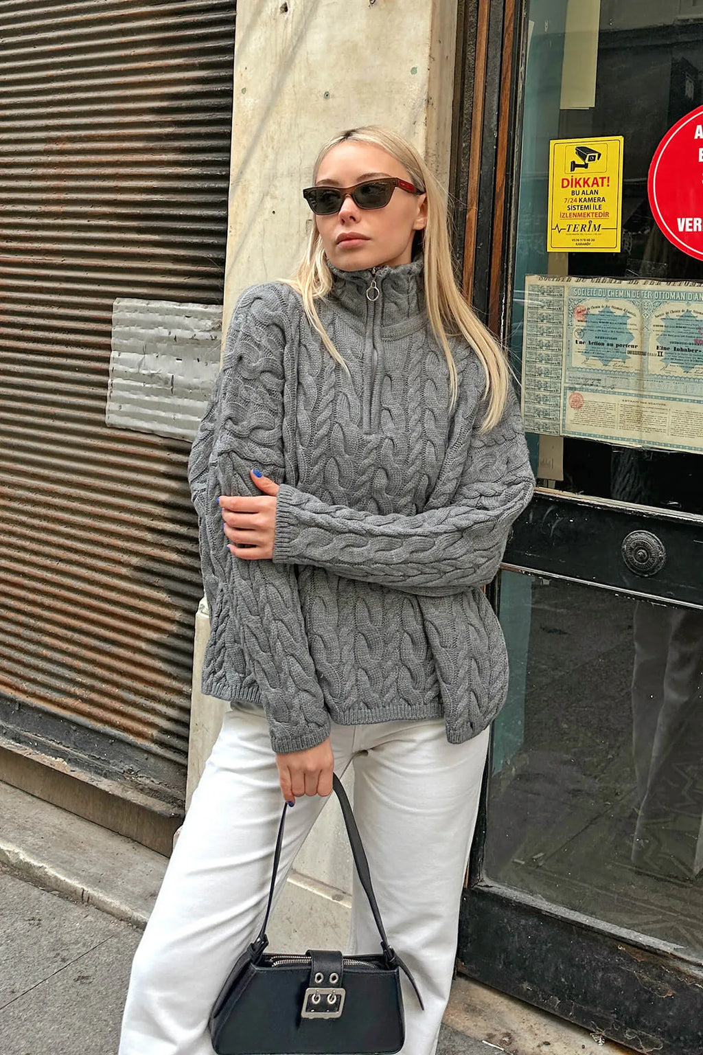 Gri Kamy Yarım Balıkçı Fermuarlı Saç Örgülü Oversize Kadın Triko Kazak