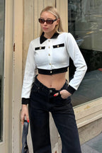 Beyaz Garnili Gold Düğmeli Kaşkorse Polo Yaka Kadın Crop
