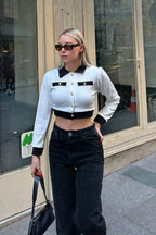 Beyaz Garnili Gold Düğmeli Kaşkorse Polo Yaka Kadın Crop