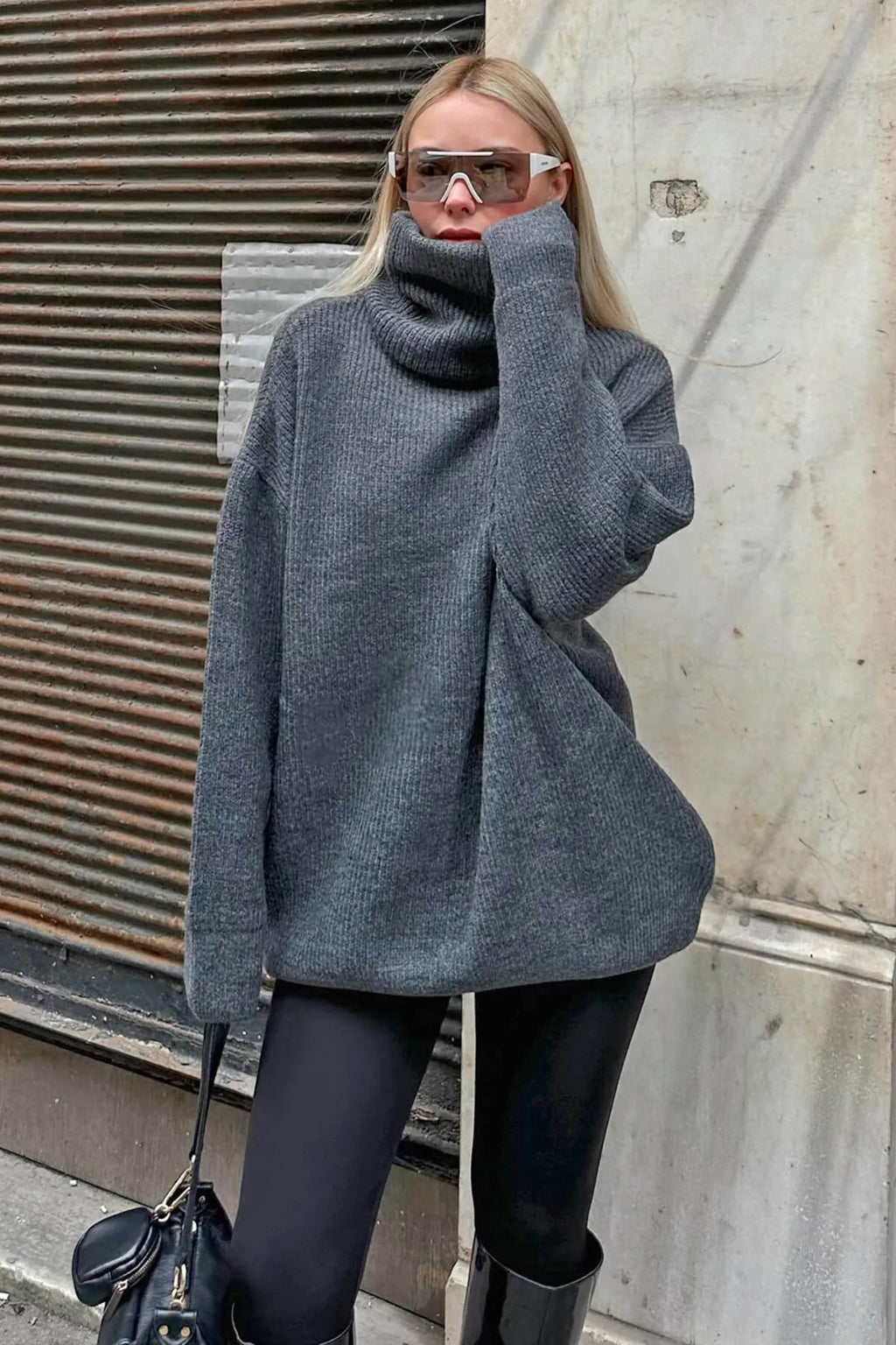 Füme Balıkçı Yaka Oversize Long Örgü Kadın Triko Kazak