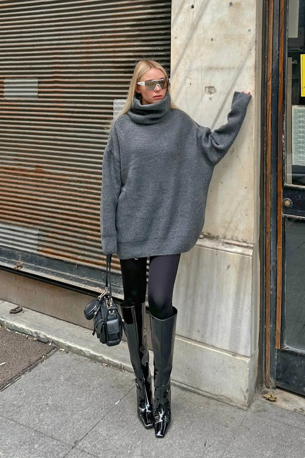Füme Balıkçı Yaka Oversize Long Örgü Kadın Triko Kazak