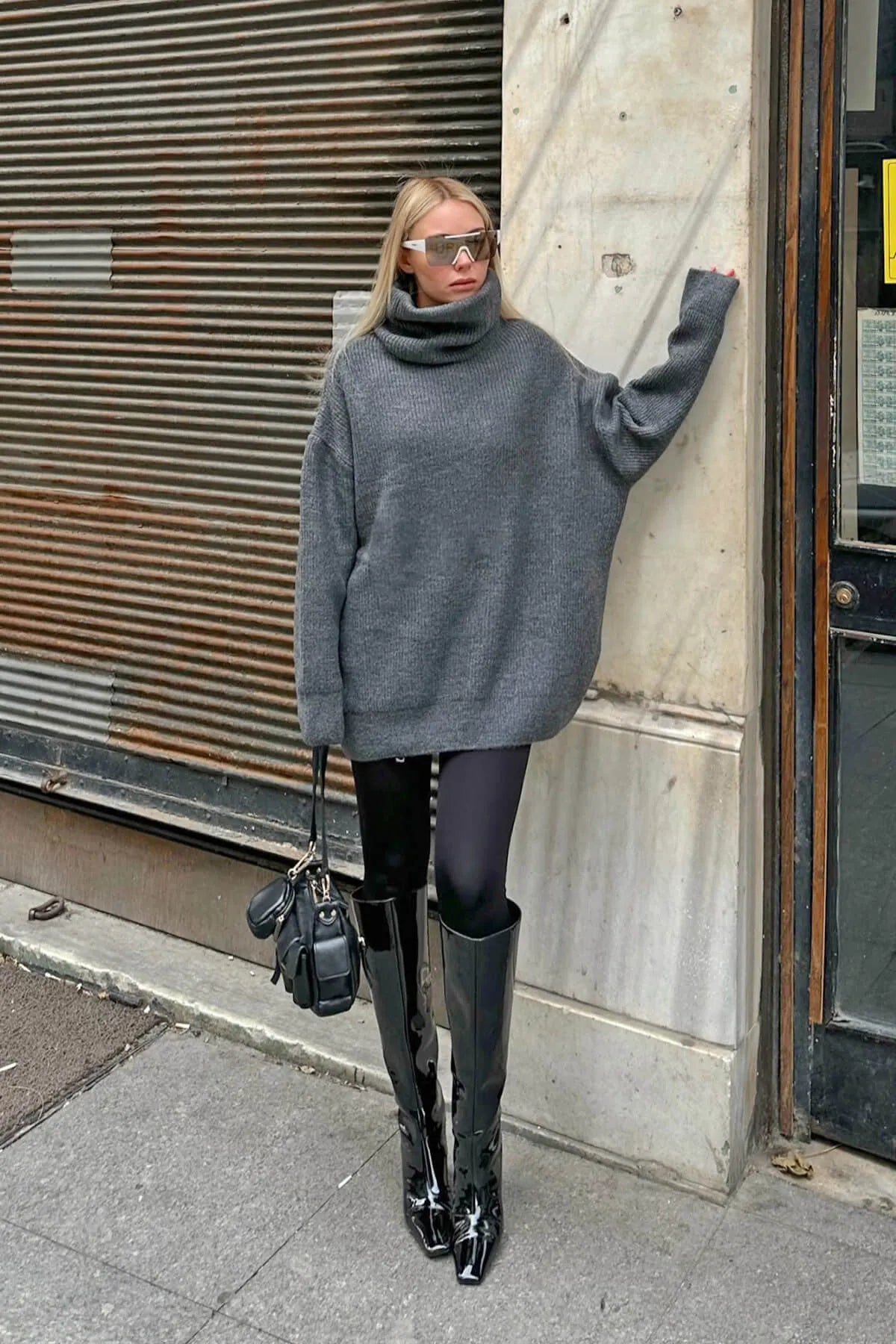 Füme Balıkçı Yaka Oversize Long Örgü Kadın Triko Kazak