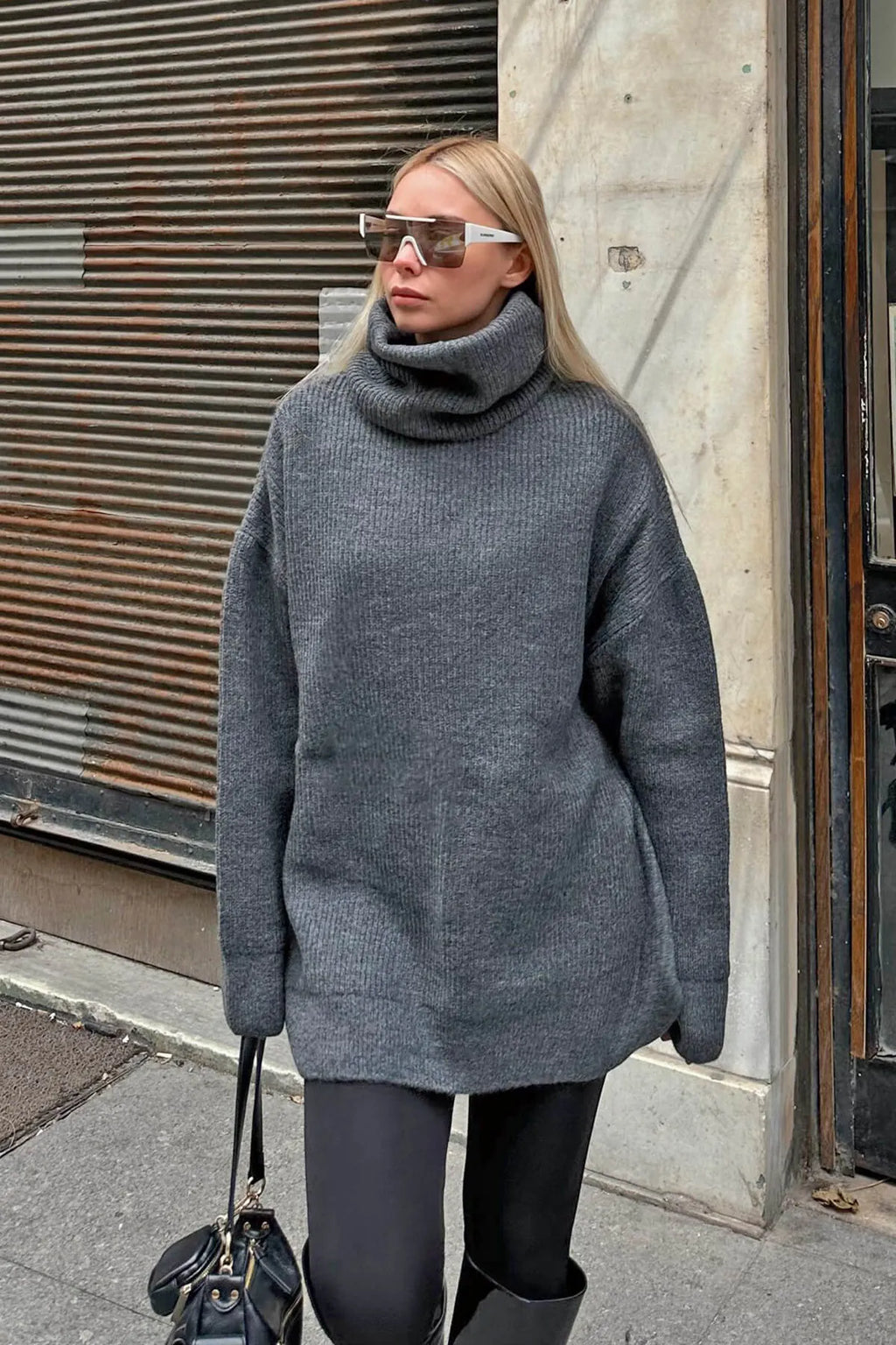 Füme Balıkçı Yaka Oversize Long Örgü Kadın Triko Kazak