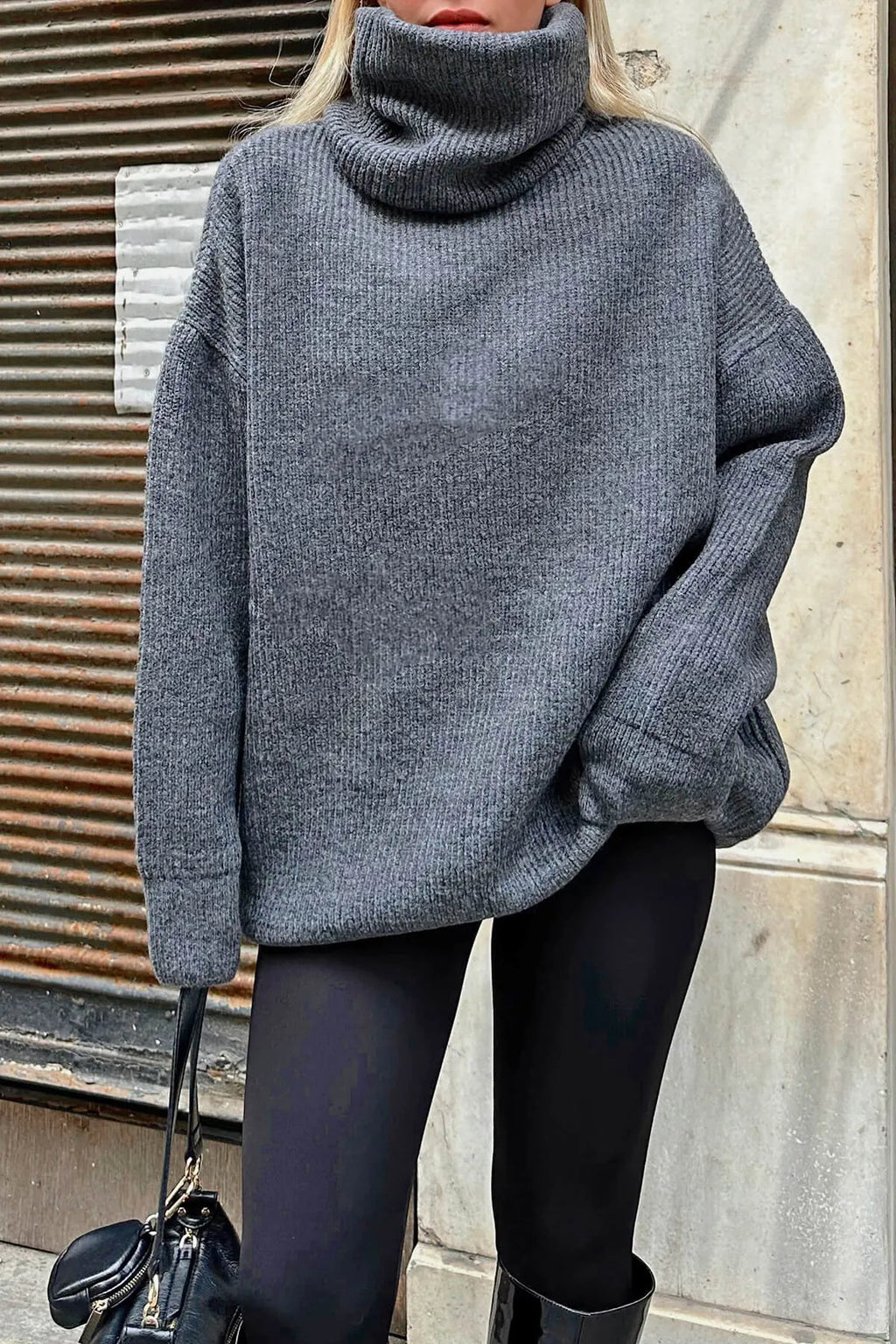 Füme Balıkçı Yaka Oversize Long Örgü Kadın Triko Kazak