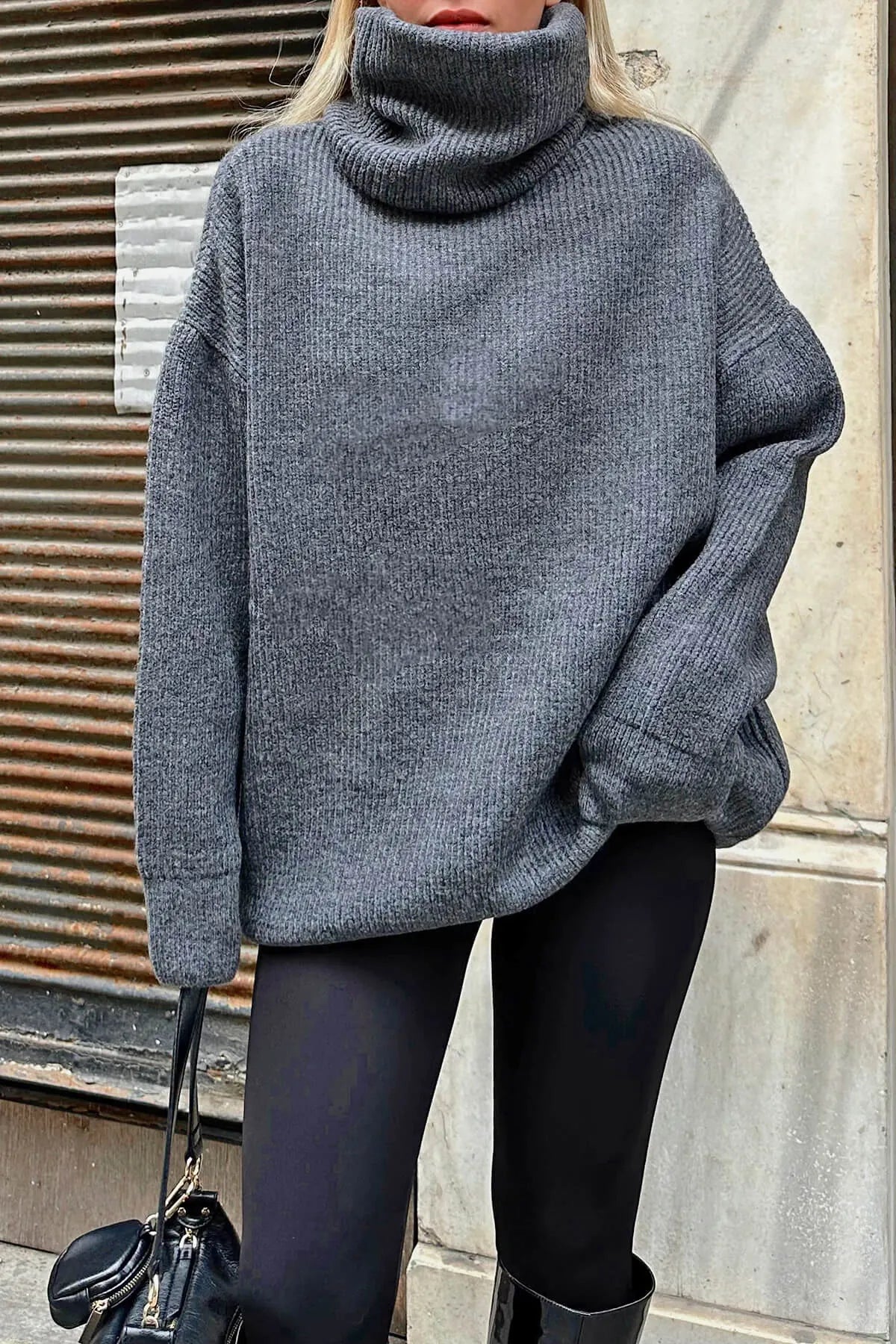 Füme Balıkçı Yaka Oversize Long Örgü Kadın Triko Kazak
