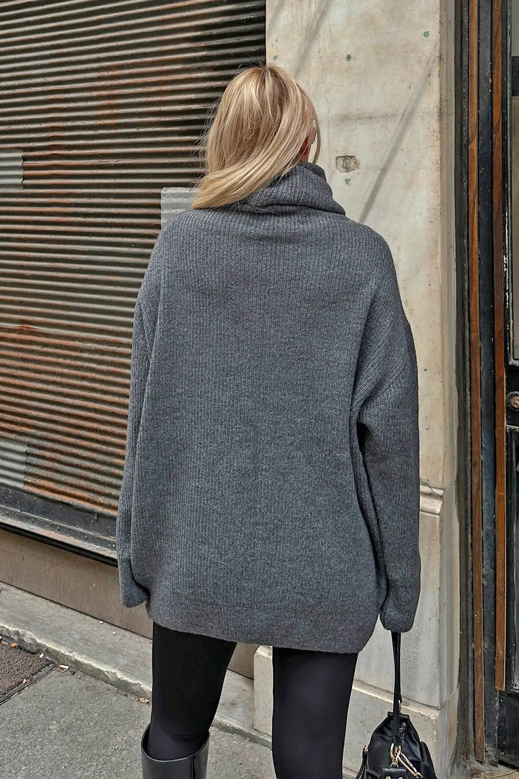 Füme Balıkçı Yaka Oversize Long Örgü Kadın Triko Kazak