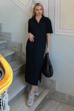 Siyah Jess Polo Yaka Çift Yırtmaçlı Relaxed Kadın Midi Elbise