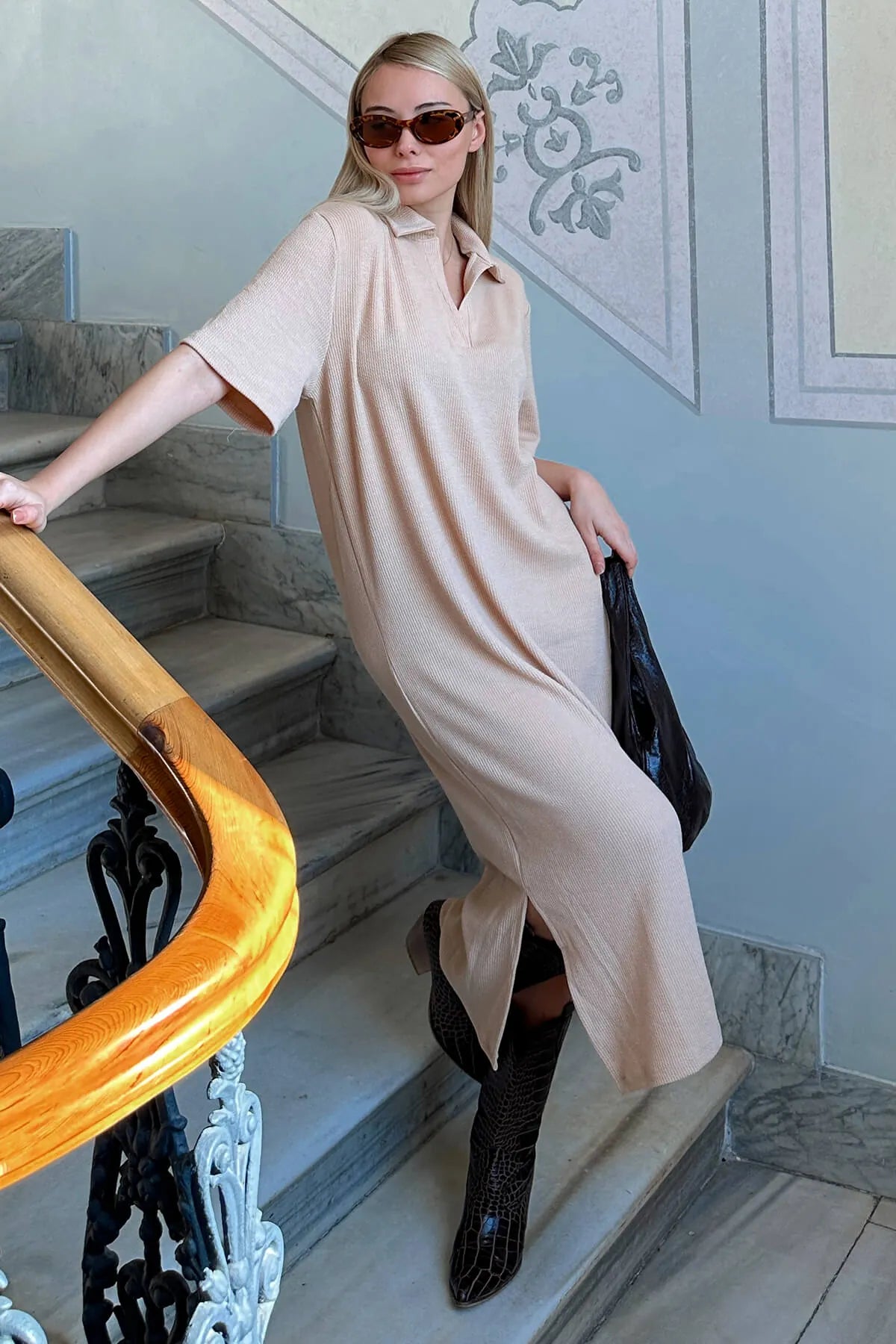 Vizon Jess Polo Yaka Çift Yırtmaçlı Relaxed Kadın Midi Elbise