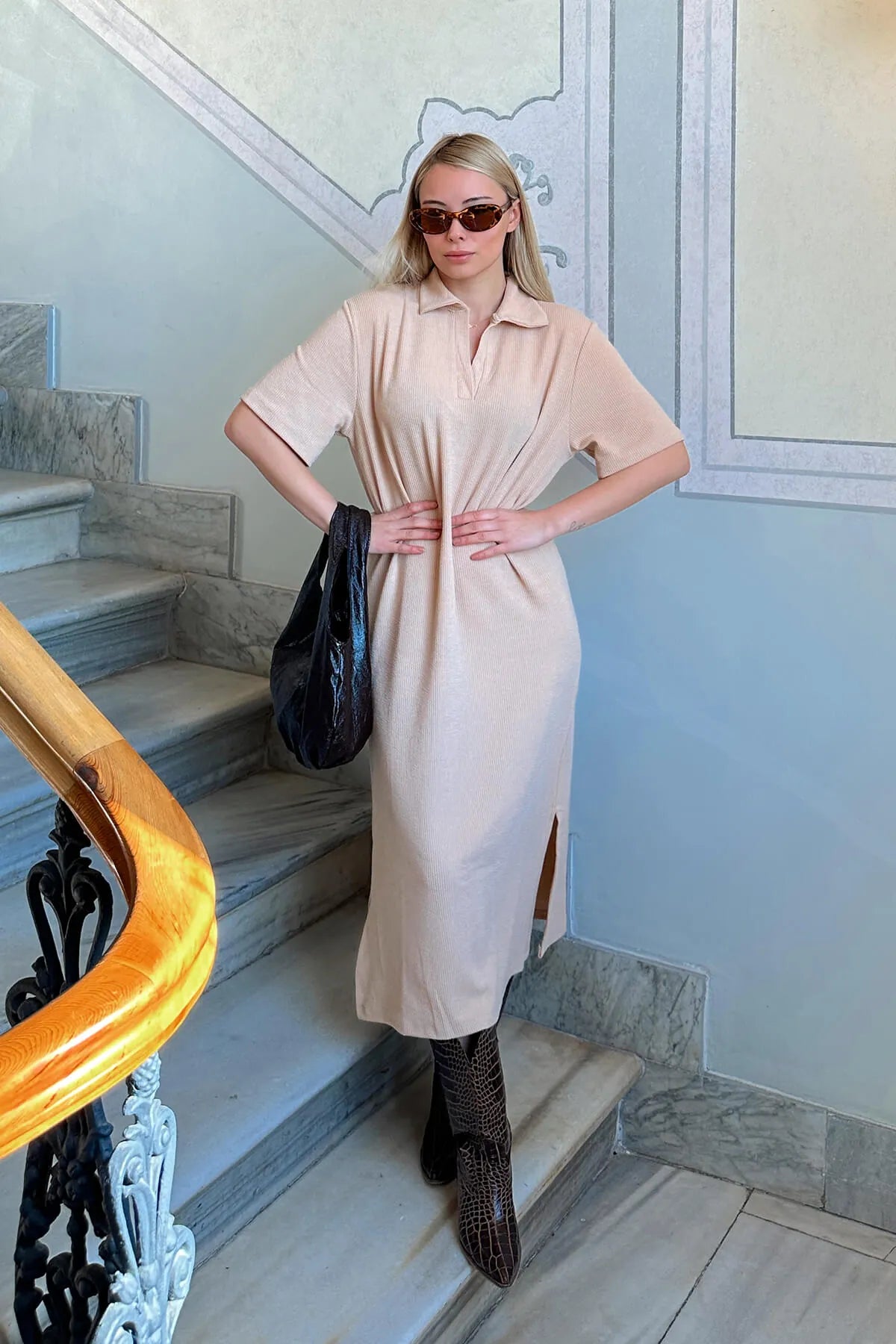 Vizon Jess Polo Yaka Çift Yırtmaçlı Relaxed Kadın Midi Elbise