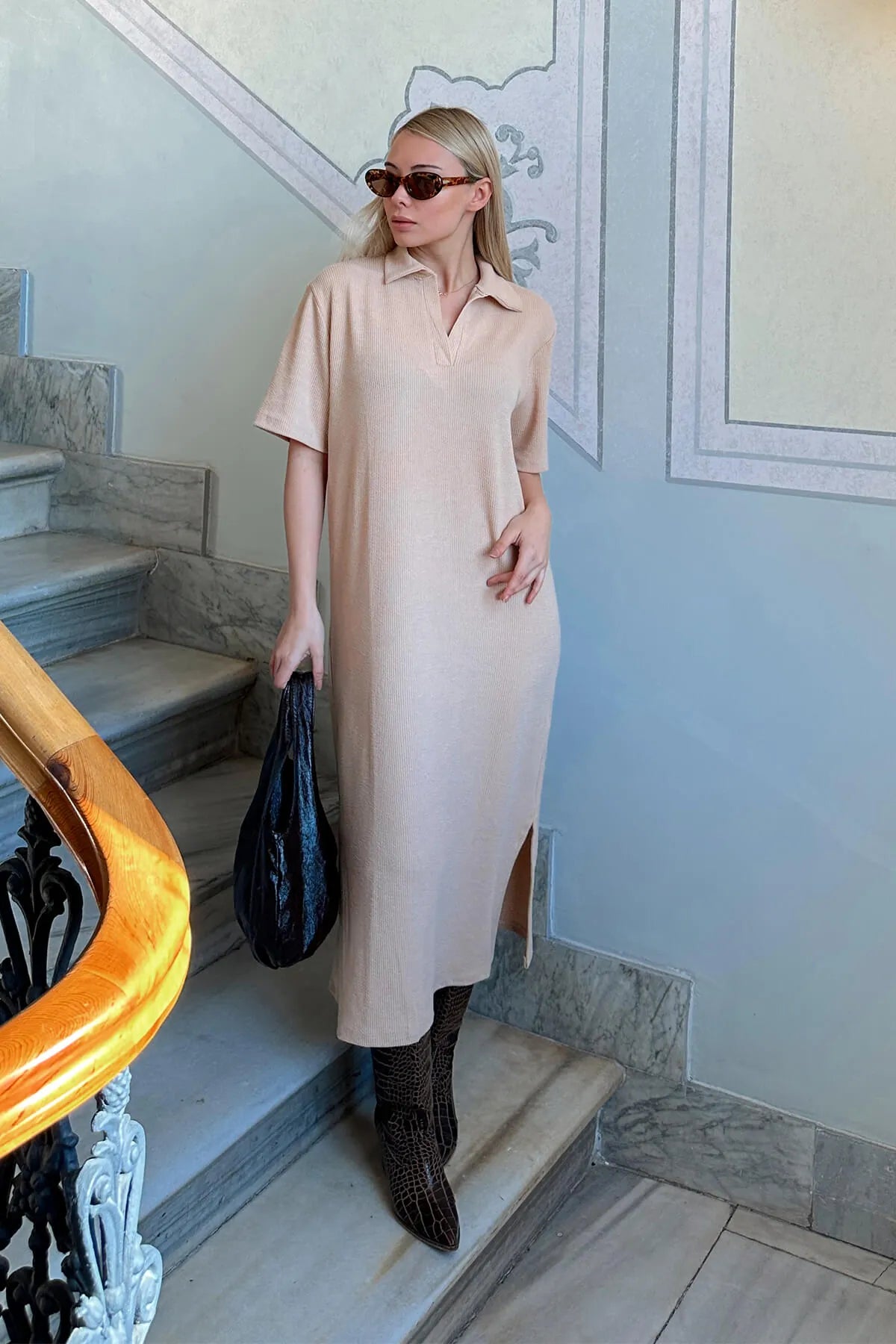 Vizon Jess Polo Yaka Çift Yırtmaçlı Relaxed Kadın Midi Elbise