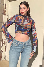 Mavi Eyes Desenli İspanyol Kol Tül Transparan Kadın Crop Bluz