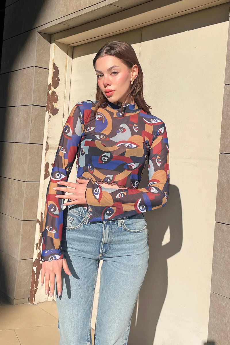 Mavi Eyes Desenli İspanyol Kol Tül Transparan Kadın Crop Bluz