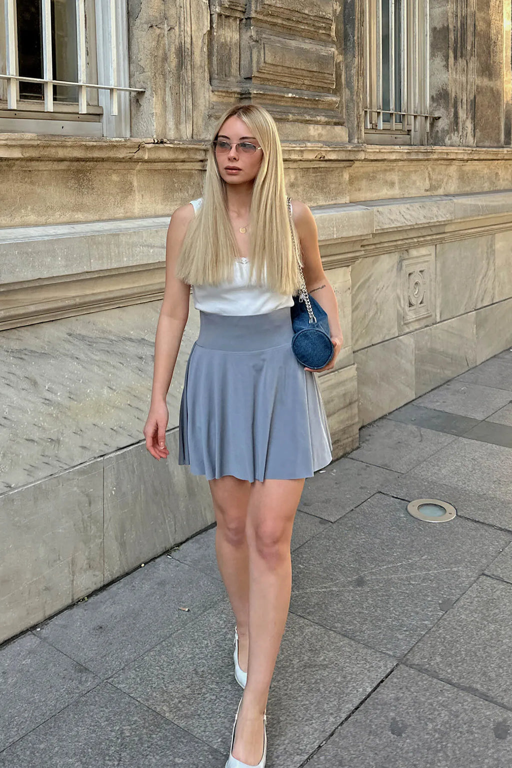 Gri Yüksek Bel Taytlı Cep Detay Kadın Sporcu Etek