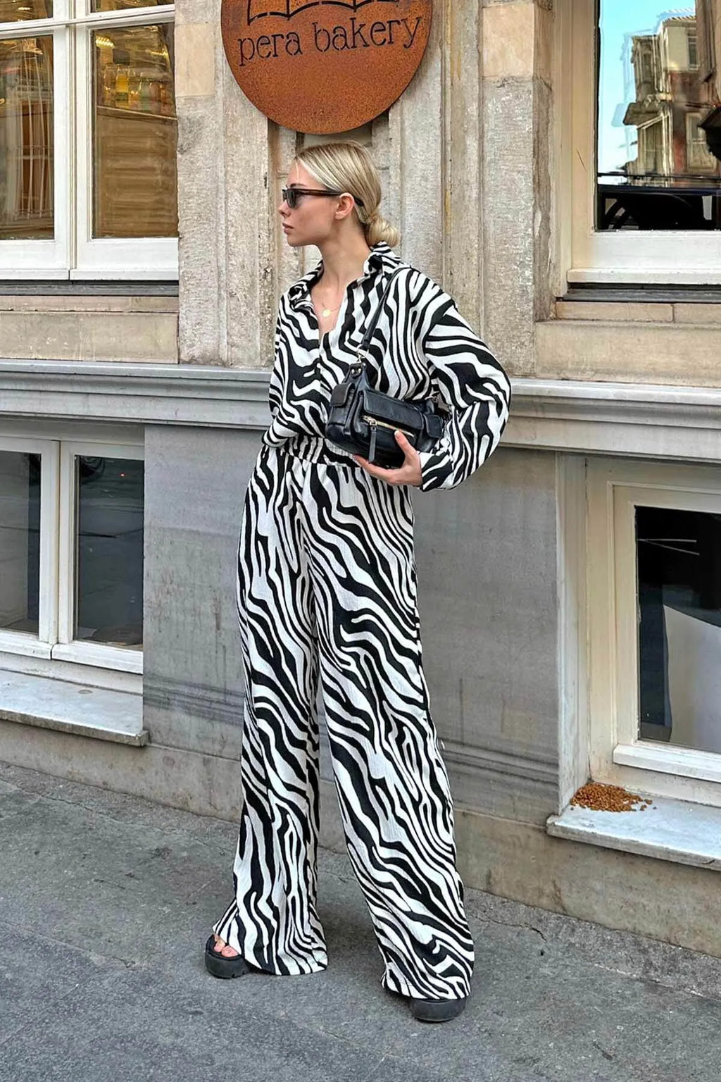 Siyah Zebra Desenli Gömlek-Pantolon Kadın Alt-Üst Takım