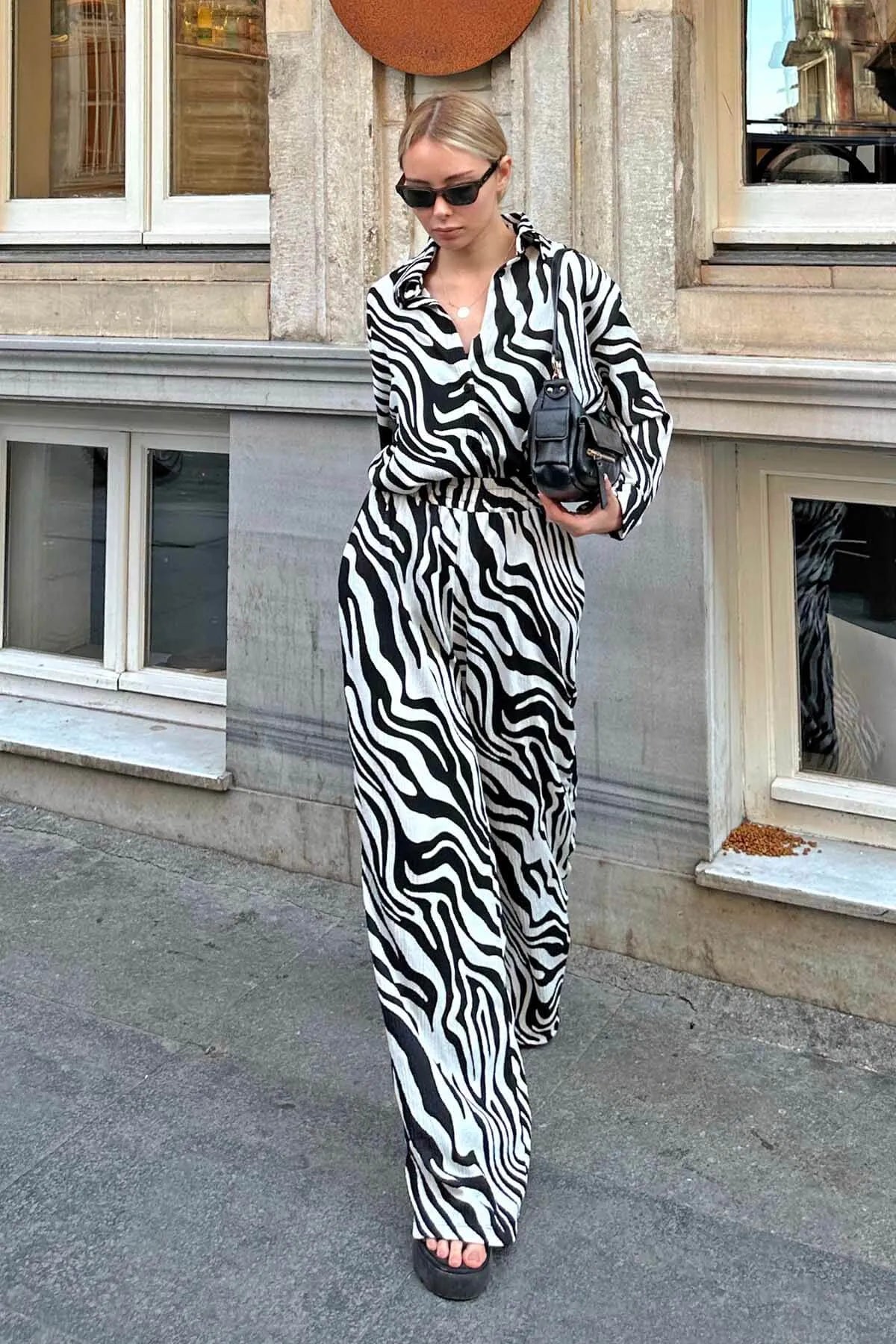 Siyah Zebra Desenli Gömlek-Pantolon Kadın Alt-Üst Takım