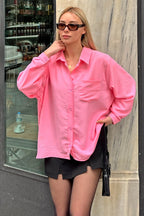 Pembe Tek Cepli Oversize Rahat Kalıp Kadın Gömlek