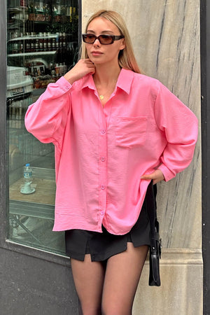 Pembe Tek Cepli Oversize Rahat Kalıp Kadın Gömlek