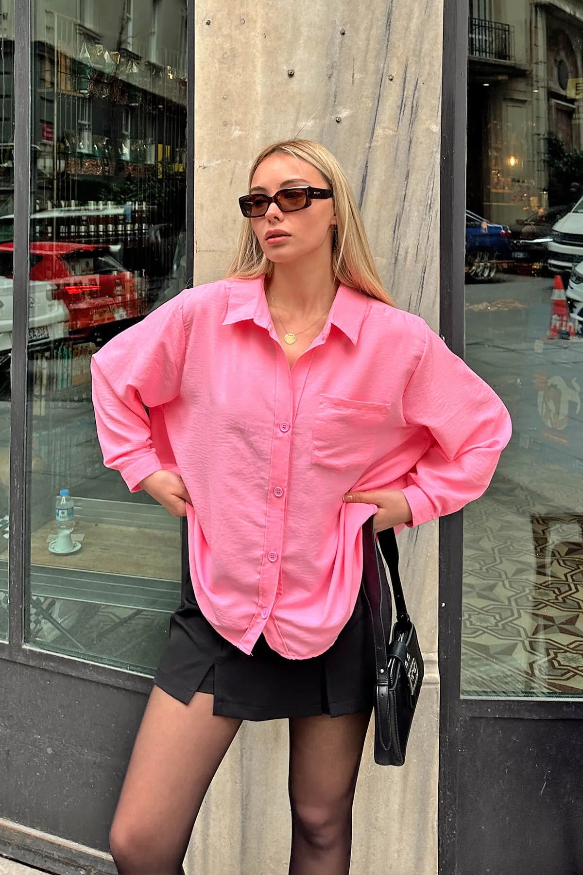 Pembe Tek Cepli Oversize Rahat Kalıp Kadın Gömlek