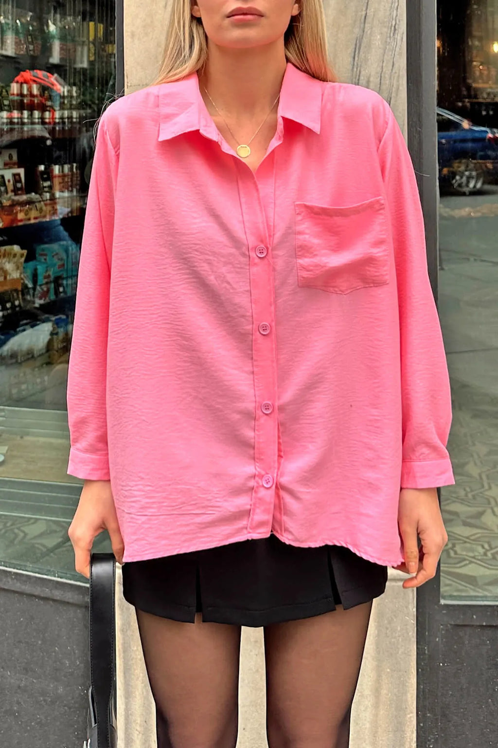 Pembe Tek Cepli Oversize Rahat Kalıp Kadın Gömlek