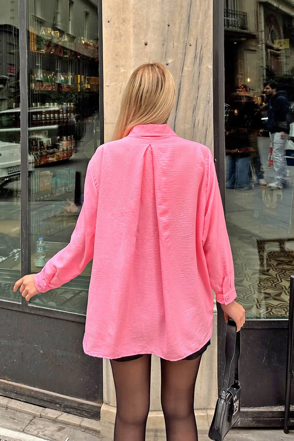 Pembe Tek Cepli Oversize Rahat Kalıp Kadın Gömlek