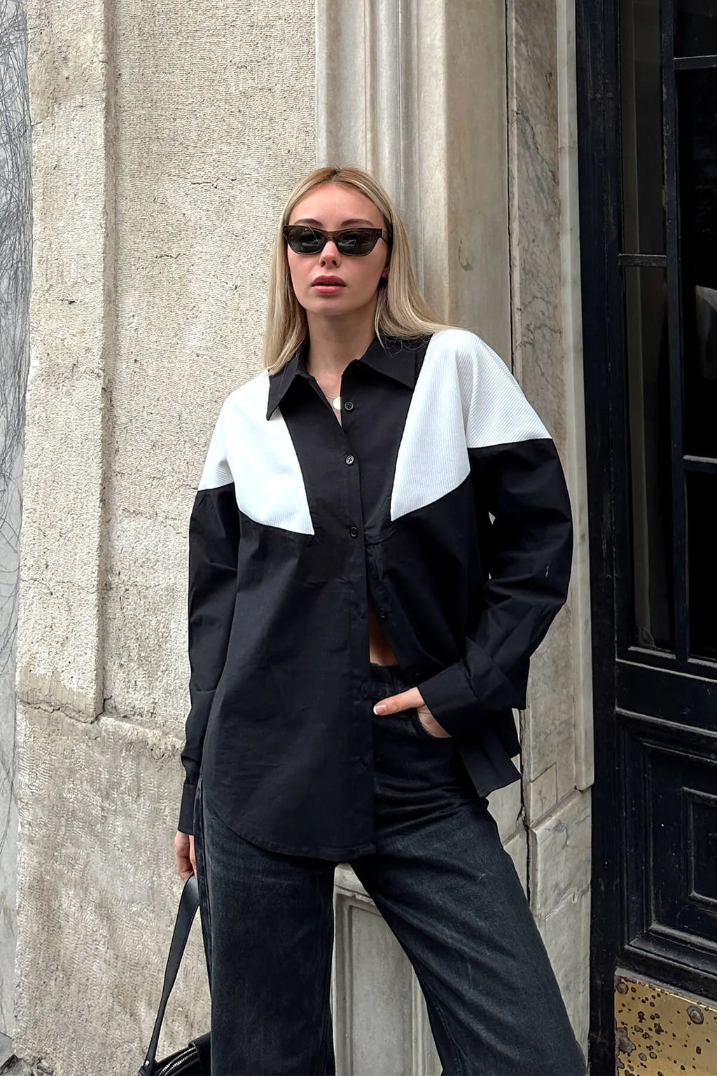 Siyah Triko Garnili Oversize Kadın Gömlek