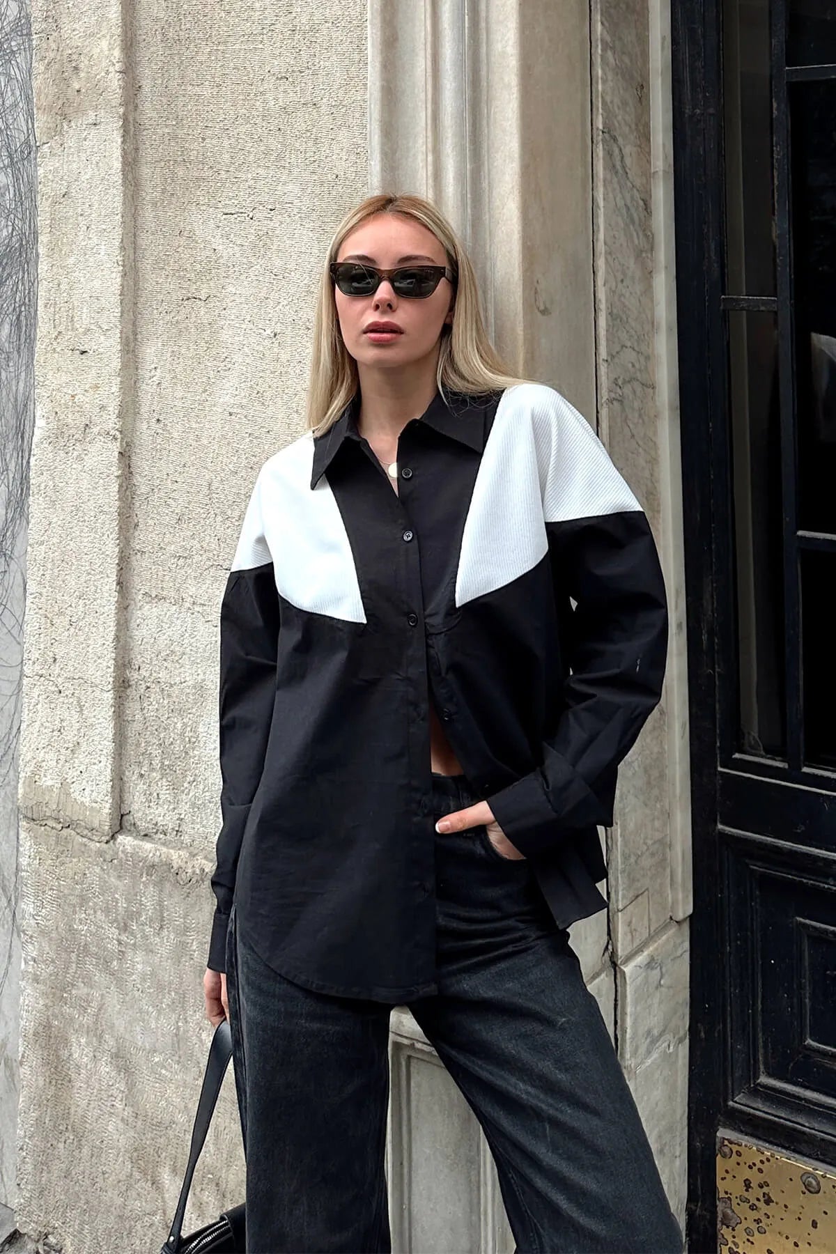 Siyah Triko Garnili Oversize Kadın Gömlek