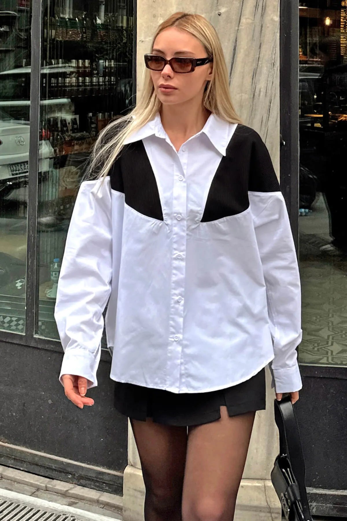 Beyaz Triko Garnili Oversize Kadın Gömlek