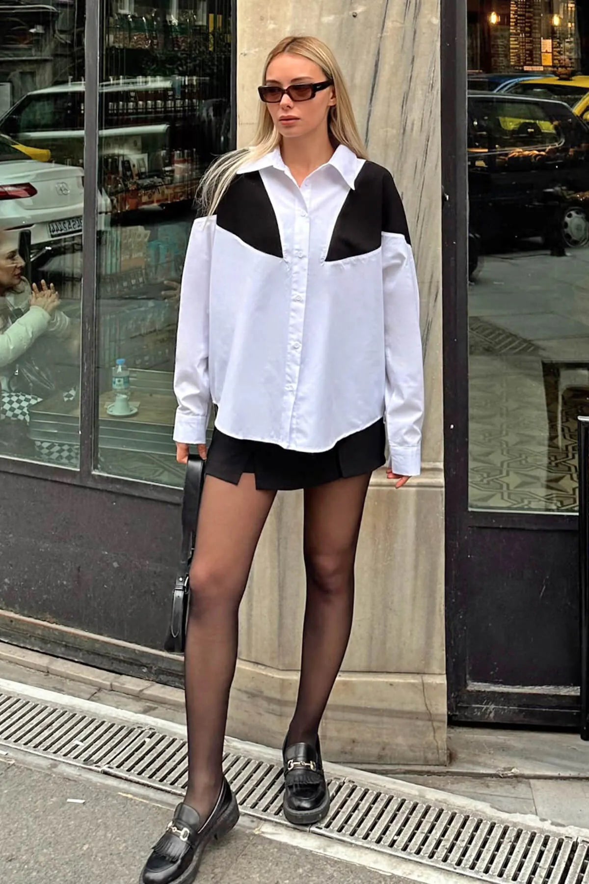 Beyaz Triko Garnili Oversize Kadın Gömlek