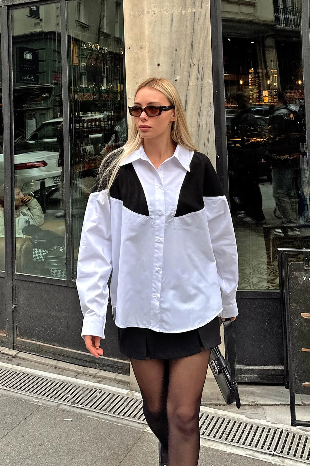 Beyaz Triko Garnili Oversize Kadın Gömlek