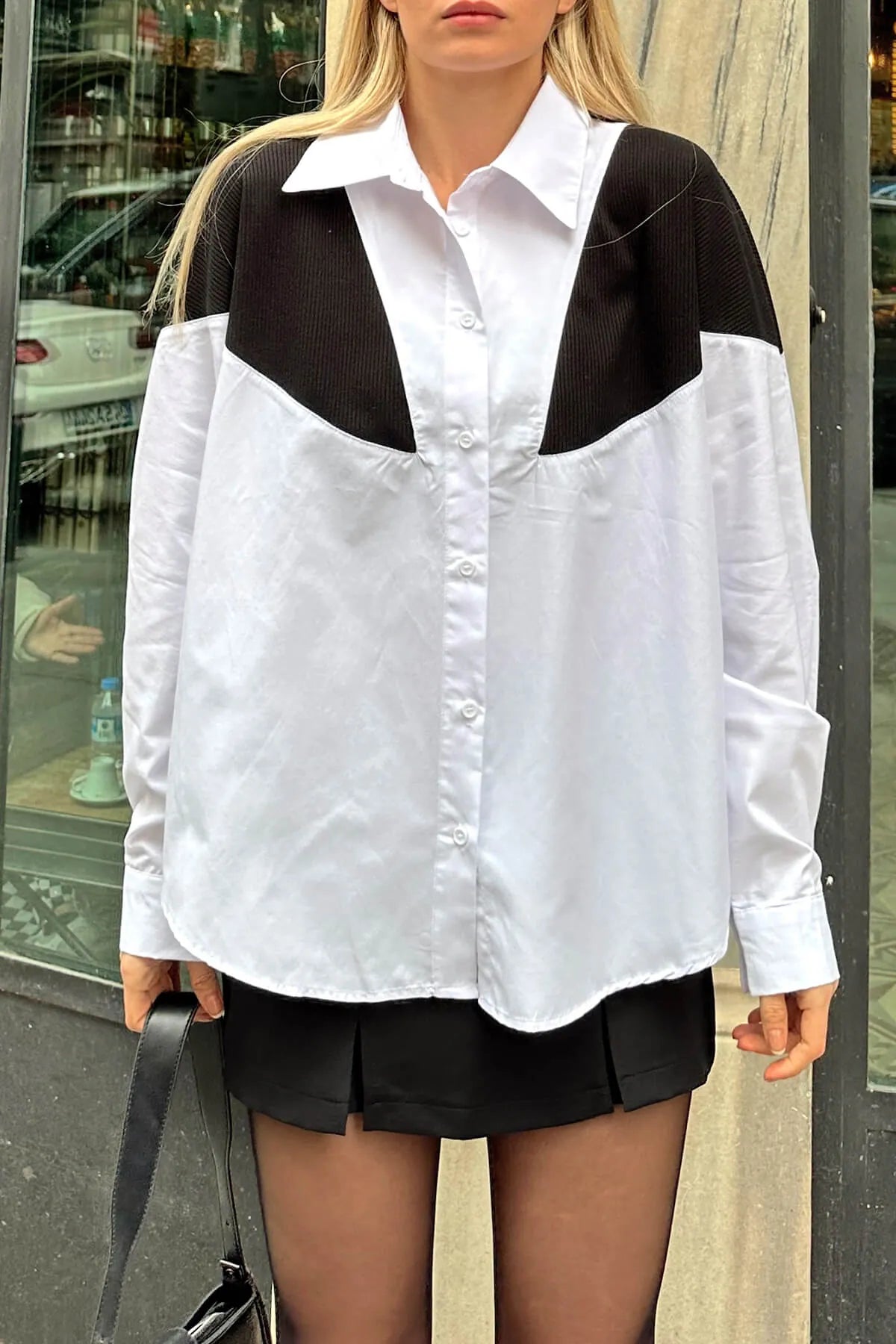 Beyaz Triko Garnili Oversize Kadın Gömlek