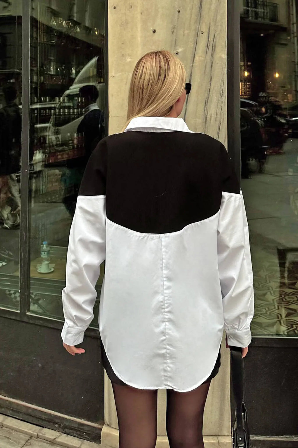 Beyaz Triko Garnili Oversize Kadın Gömlek