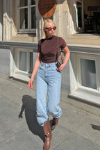 Kahverengi Muse Omuz ve Bel Drapeli Kadın Crop Bluz