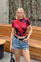 Kırmızı Julia Batik Desen Omuz ve Bel Drapeli Kadın Crop Bluz