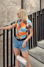 Sarı Julia Batik Desen Omuz ve Bel Drapeli Kadın Crop Bluz