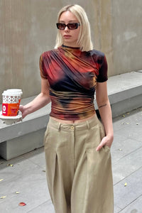 Turuncu Julia Batik Desen Omuz ve Bel Drapeli Kadın Crop Bluz