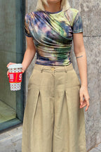 Yeşil Julia Batik Desen Omuz ve Bel Drapeli Kadın Crop Bluz