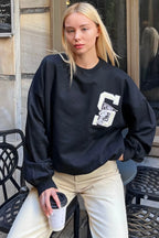 Siyah S Nakışlı İçi Pamuklu Kadın Sweatshirt