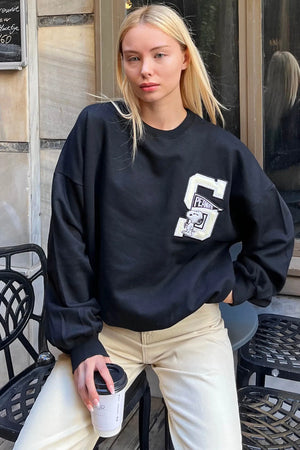 Siyah S Nakışlı İçi Pamuklu Kadın Sweatshirt