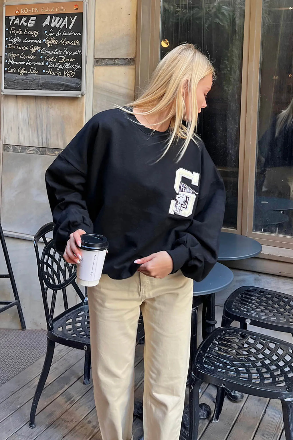Siyah S Nakışlı İçi Pamuklu Kadın Sweatshirt