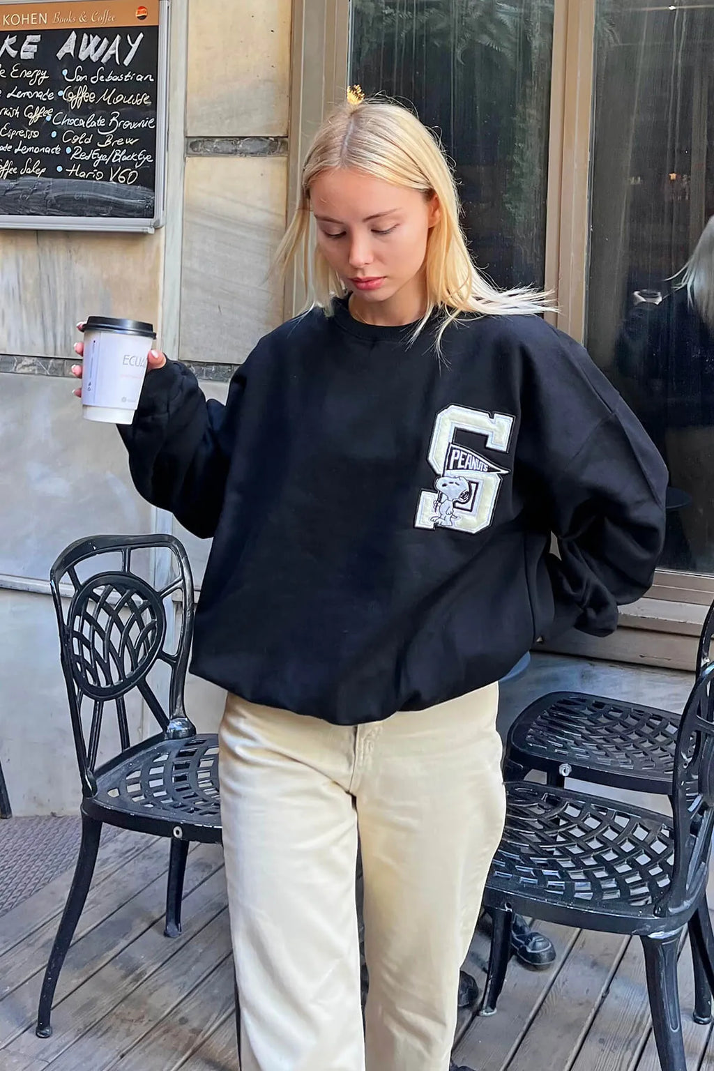 Siyah S Nakışlı İçi Pamuklu Kadın Sweatshirt
