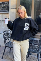 Siyah S Nakışlı İçi Pamuklu Kadın Sweatshirt