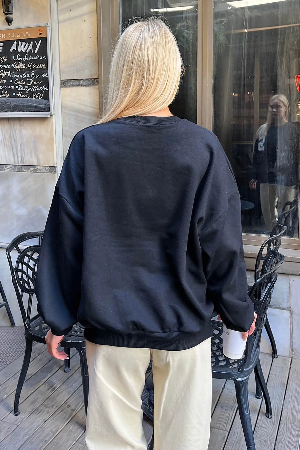Siyah S Nakışlı İçi Pamuklu Kadın Sweatshirt