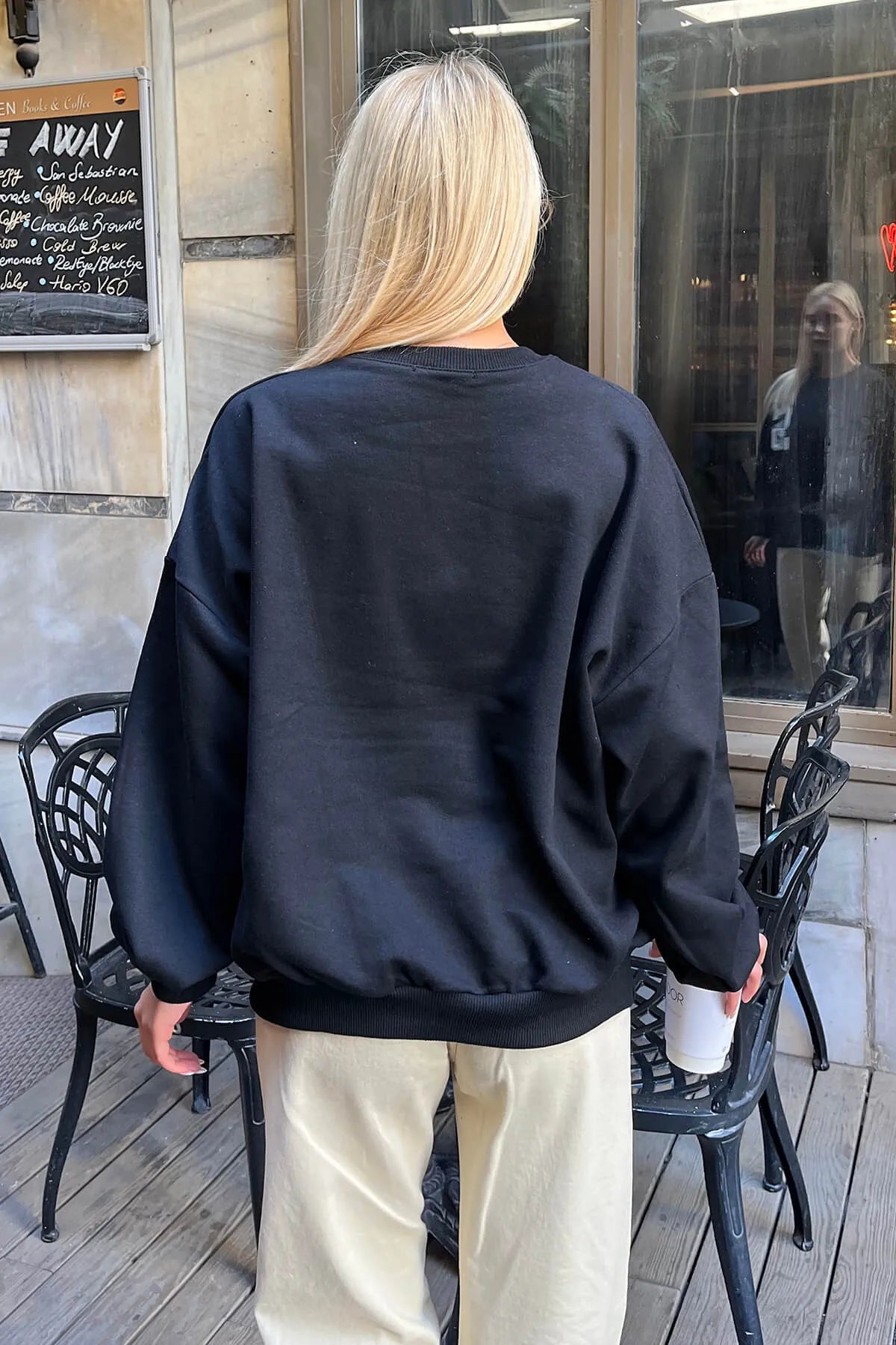 Siyah S Nakışlı İçi Pamuklu Kadın Sweatshirt