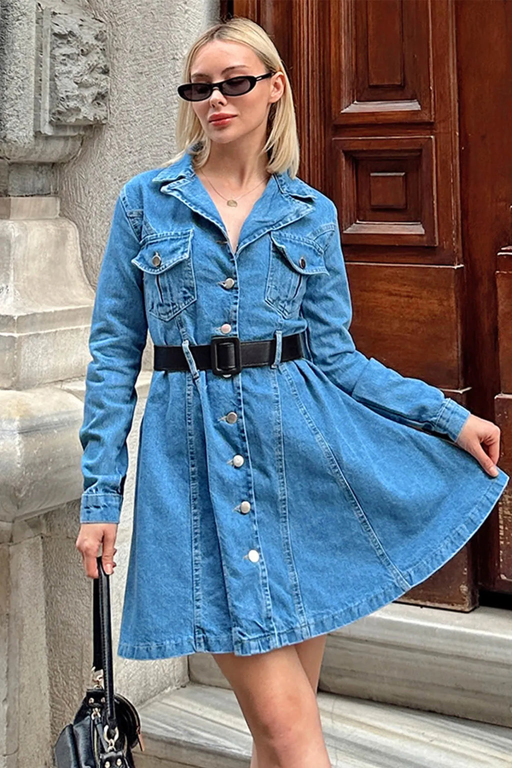 Mavi Kemer Detaylı Gömlek Yaka Kadın Denim Gömlek Mini Elbise