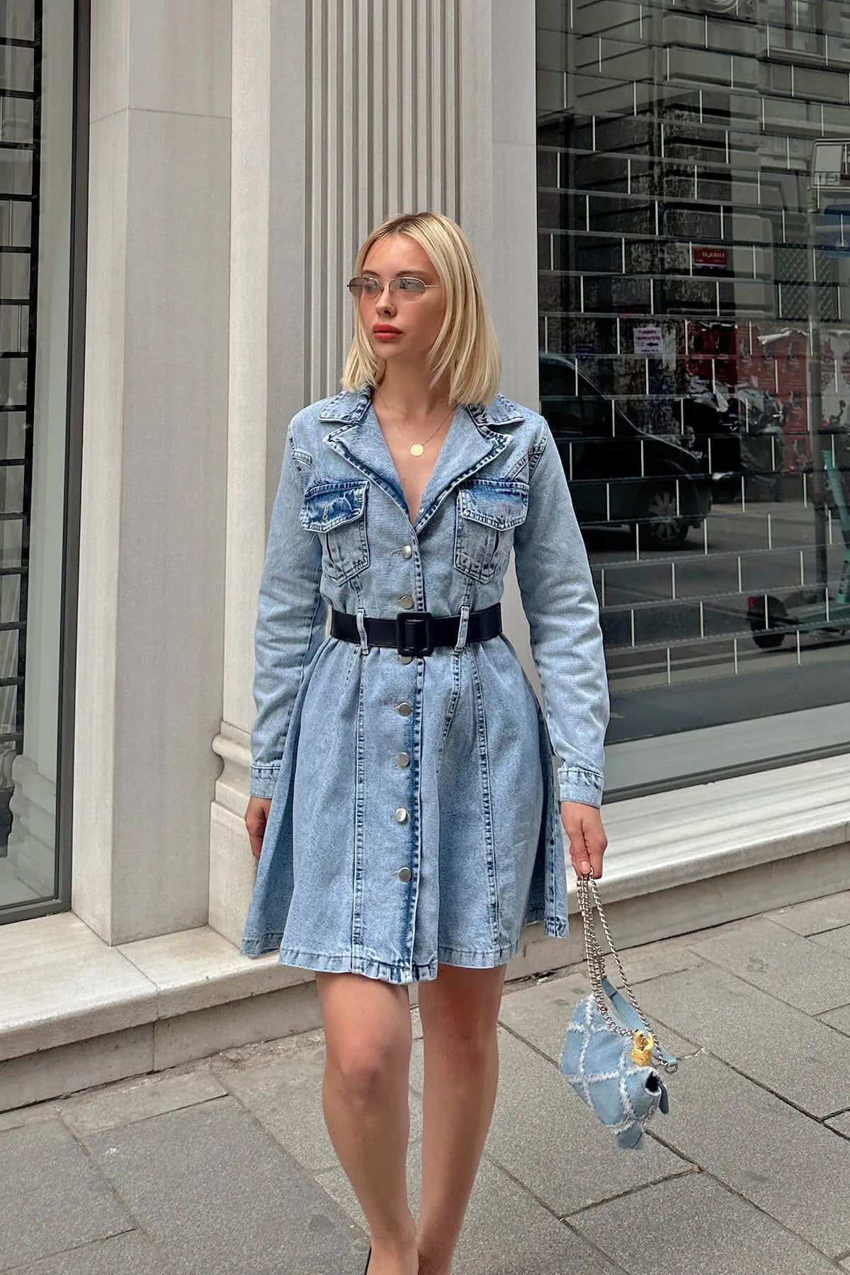 Gri Kemer Detaylı Gömlek Yaka Kadın Denim Gömlek Mini Elbise