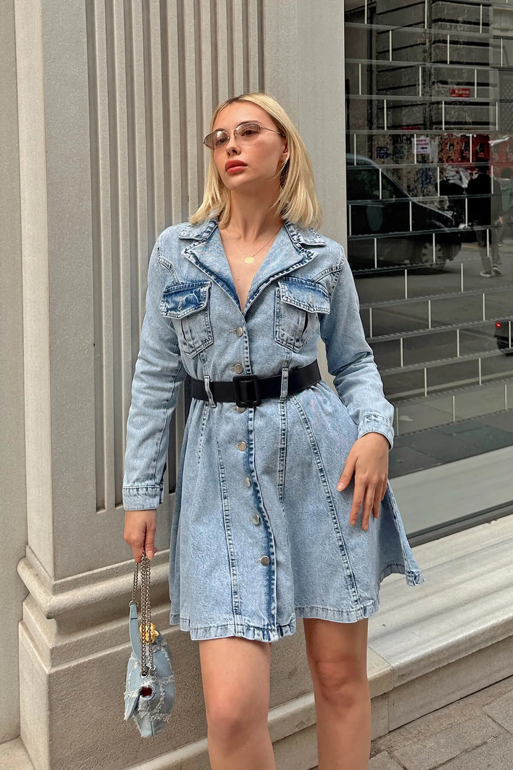 Gri Kemer Detaylı Gömlek Yaka Kadın Denim Gömlek Mini Elbise
